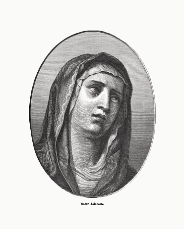 Mater Dolorosa. Wood engraving after a painting by Guido Reni (Italian painer, 1575 - 1642), published in 1894.