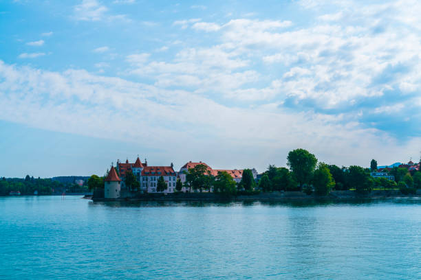 Germany, Bodensee lindau city houses and buildings from waterside, panorama view