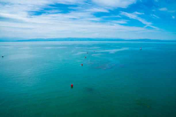 ドイツ、ボーデン湖のパノラマビュー、フリードリヒスハーフェン市から美しい自然の風景からスイスの海岸線まで、上空からの空撮 - water surface standing water waters edge water ストックフォトと画像