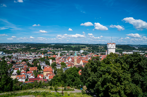 Germany, Panorama view above ravensburg city skyline of the beautiful village in summer with blue sky
