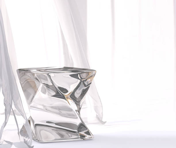 Modern and luxury white round glossy pedestal podium in sunlight from window with white curtain in background for product display