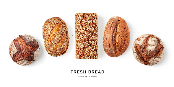 Fresh crusty bread creative layout set isolated on white background. Whole grain rye and wheat bread with sunflower seeds banner. Healthy eating and dieting concept. Bakery assortment