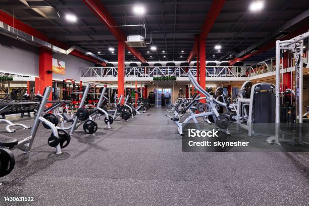 Gym Without People With Large Group Of Exercise Machines Stock Photo - Download Image Now