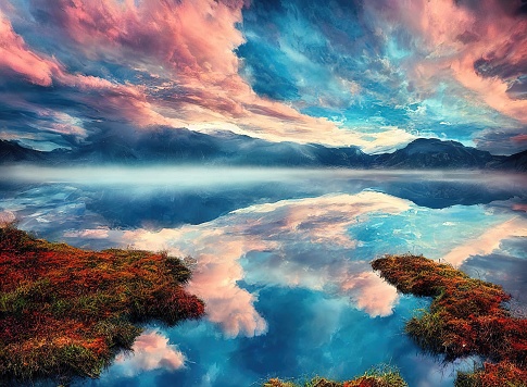 The silent lake reflects colorful clouds