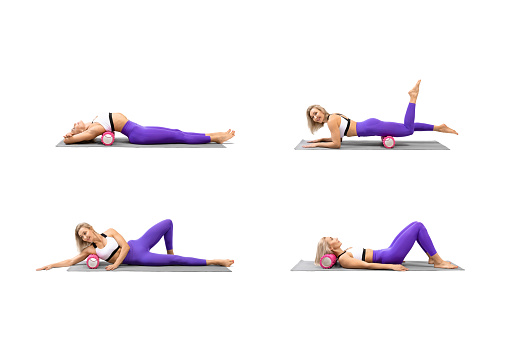 Sports set of exercises with a pink foam roller. Attractive athletic caucasian woman practice myofascial training using props, 4 exercises collage, isolated on white. Self-massage, workout, pilates, advertising, fitness promotion, female health, wellness concept.