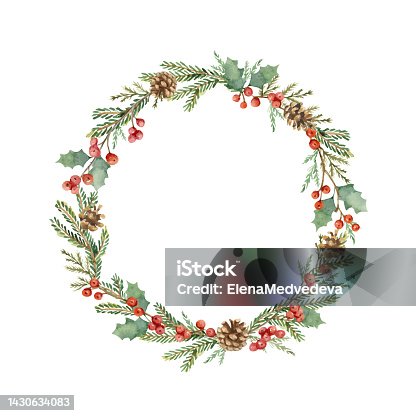 istock Watercolor vector Christmas frame with fir branches and holly berry. Hand painted  wreath with a place for text. Perfect for greeting card and invitation. Illustration isolated on white background. 1430634083