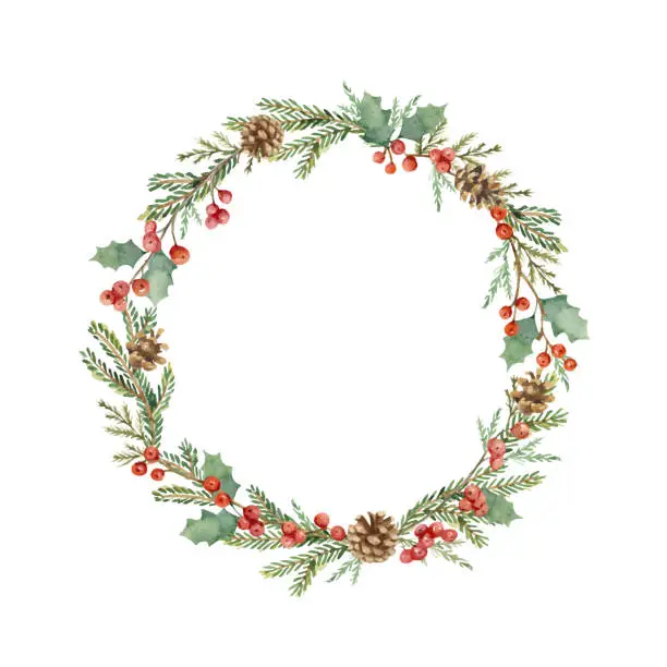 Vector illustration of Watercolor vector Christmas frame with fir branches and holly berry. Hand painted  wreath with a place for text. Perfect for greeting card and invitation. Illustration isolated on white background.