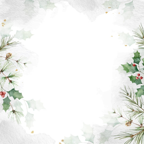 녹색 잎과 홀리 열매가있는 수채화 크리스마스 벡터 카드. 겨울 휴가를위한 트렌디 한 사각형 템플릿. 소셜 미디어 게시, 모바일 앱, 엽서, 새해 초대장에 적합합니다. - christmas background stock illustrations
