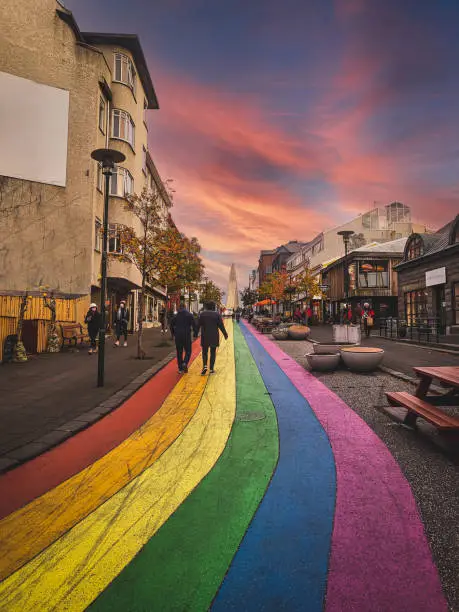 Photo of Sunset view up the rainbow street in Reykjavik, Iceland