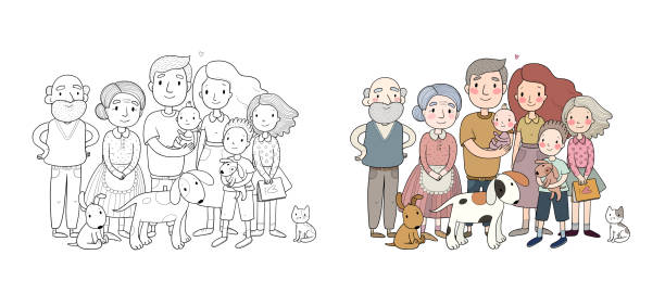 Cute cartoon family and a cat with a dog. Mom, dad and kids. Happy people. Cute cartoon family and a cat with a dog. Mom, dad and kids. Happy people. Illustration for coloring books. Monochrome and colored versions. Worksheet for children and adults birthday family stock illustrations