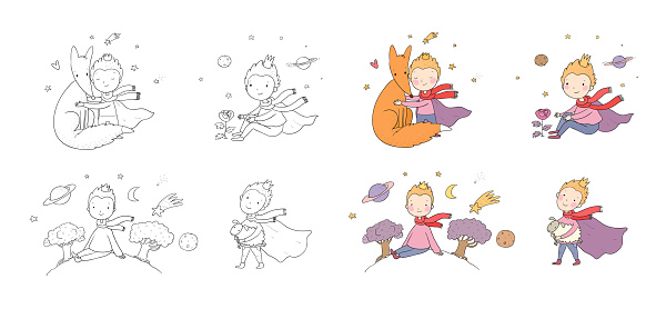 A fairy tale about a boy, a rose, a planet and a fox. prince with a sheep. Illustration for coloring books. Monochrome and colored versions. Worksheet for children and adults