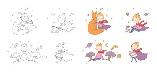 A fairy tale about a boy, a rose, a planet and a fox. prince with a sheep. A fairy tale about a boy, a rose, a planet and a fox. prince with a sheep. Illustration for coloring books. Monochrome and colored versions. Worksheet for children and adults the gnomes cartoon stock illustrations
