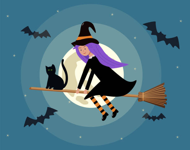 A girl in a witch costume is flying on a broom with a black cat. Cartoon scene for Halloween. Vector illustration a witch on a broom in the night sky, the moon and bats. A girl in a witch costume is flying on a broom with a black cat. Cartoon scene for Halloween. Vector illustration a witch on a broom in the night sky, the moon and bats cat witch stock illustrations