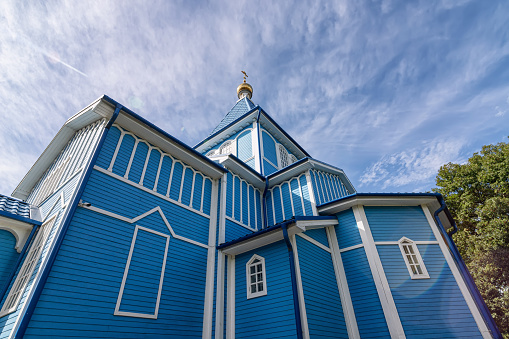 Akureyri, Iceland, July 13, 2020: The cathedral in Akureyri is placed on a steep hilltop. The church is built in 1940 and is a landmark in the city. The organ has 3200 pipes.