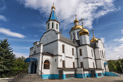 View of the Church of the Assumption of the Blessed Virgin Mary in the village of Essentukskaya. Photo taken on a wide-angle lens