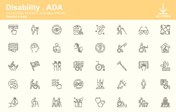 niepełnosprawność , ada , amerykanie z niepełnosprawnościami specjalne ikony liniowe , edytowalny skok , 64x64 pixel perfect - accessibility stock illustrations