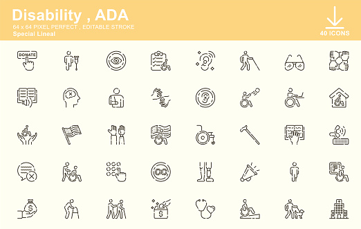 Disability , ADA , Americans with Disabilities Special Lineal Icons , Editable Stroke , 64x64 Pixel Perfect