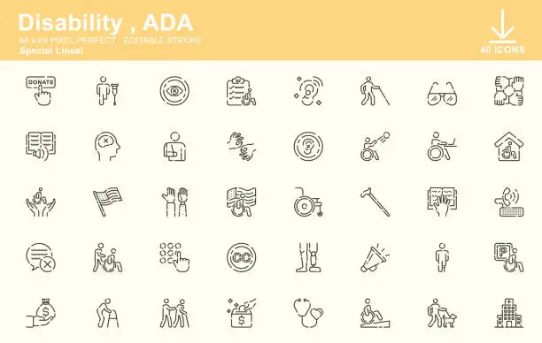 Vector illustration of Disability , ADA , Americans with Disabilities Special Lineal Icons , Editable Stroke , 64x64 Pixel Perfect