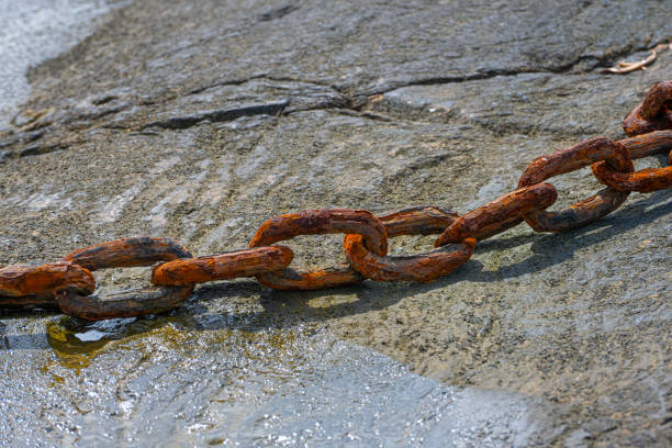 Old rusty metal chain on wet ground
