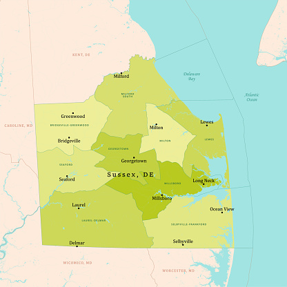 DE Sussex County Vector Map Green. All source data is in the public domain. U.S. Census Bureau Census Tiger. Used Layers: areawater, linearwater, cousub, pointlm.
