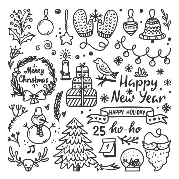 istock Doodle christmas isolated holiday elements. Holly xmas winter plants, present boxes and toys. Hand drawn decorations, art sketch neoteric vector clipart 1430660706