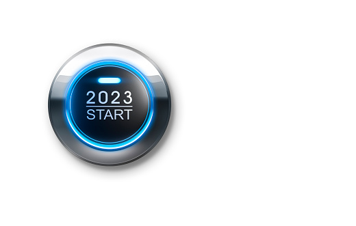 Blue illuminated start button year 2023 on white background - 3D illustration