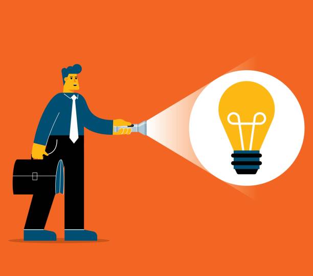 businessman shines a flashlight and finds a big idea light bulb Business Characters Full Length Vector Art Illustration. Young businessman shines a flashlight and finds a big idea light bulb. patent search stock illustrations