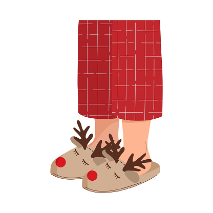 Legs in red pajamas with warm slippers. Christmas funny deer slippers. Christmas red checkered pajama pants. Vector illustration.