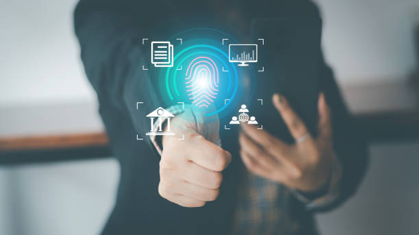 istock cyber security concept, man's hand scanning finger to go online to access information both accessing the system document storage Banking including online shopping This method is highly secure. 1430664291