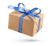 Gift box with blue ribbon on white