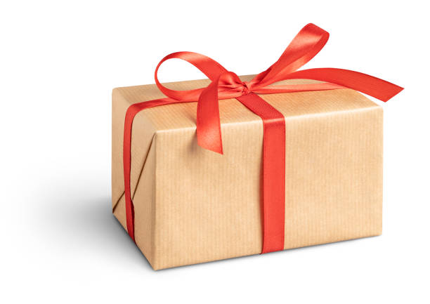 Gift box with red ribbon on white stock photo