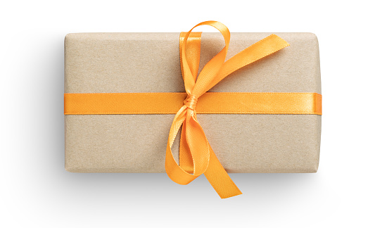 Gift box with orange ribbon on white. This file is cleaned, retouched and contains clipping path.