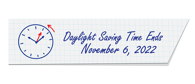 Daylight saving tame ends, November 6, 2022. Paper web reminder schedule with date and example in hand drawn style on notebook sheet in a cage. Change clock back an hour