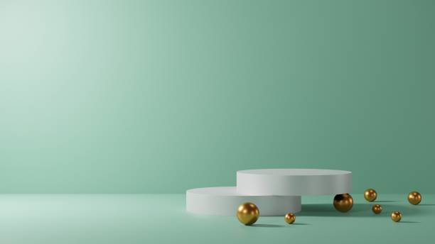 istock green backdrop with white pedestal or podium mockup display, empty platform for product showcase and presentation, clean stage with golden ball, 3d rendering 1430671764