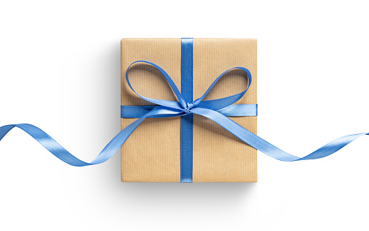 Gift box or present box with white rope bow and blank tag isolated on white background with shadow . 3D rendering.