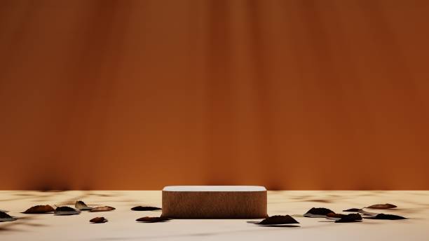 istock 3D Rendering Wooden pedestal or podium mockup with sunlight rays backdrop, empty platform for product showcase and Presentation, blank stage display. 1430674960