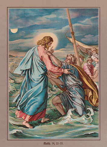 Peter sinking on water (Matthew 14, 22 - 33). Chromolithograph after a drawing (1860) by Julius Schnorr von Carolsfeld (German painter, 1794 - 1872), published  ca. 1880