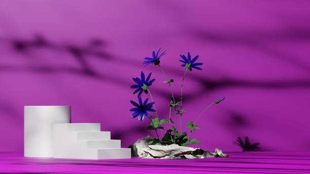 istock Natural purple backdrop with white podium mockup or pedestal and beauty flower, empty platform for product showcase and presentation, 3d rendering 1430675721