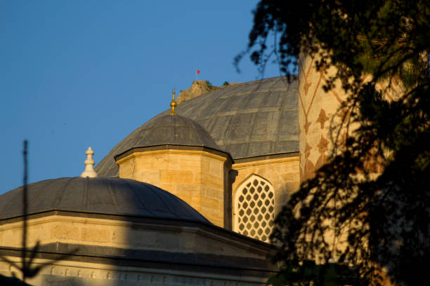 istock Mosque domes in front of mountain with flag 1430675845
