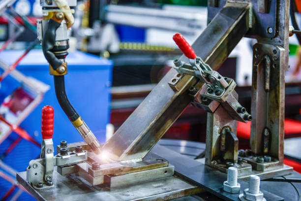 istock Modern high quality automation welding white robots arm at industrial 1430676246