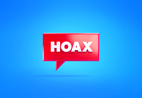 Red speech bubble and white hoax text over blue background. Horizontal composition with copy space. Front view.