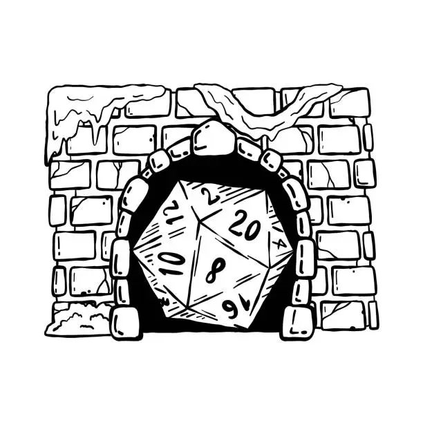 Vector illustration of Dungeon and dragons board game. 20 sided dice and entrance to castle.