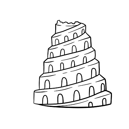 Tower of Babel. Ancient city Babylon of Mesopotamia and Iraq. Biblical story. Sumerian civilization. History and archaeology. Hand drawn sketch isolated on white