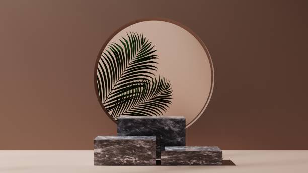 istock beige backdrop and natural leaf with white marble pedestal podium mockup, empty platform for product showcase and presentation, 3D Rendering 1430680058