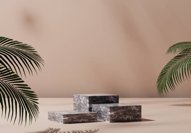 istock beige backdrop and natural leaf with white marble pedestal podium mockup, empty platform for product showcase and presentation, 3D Rendering 1430680093