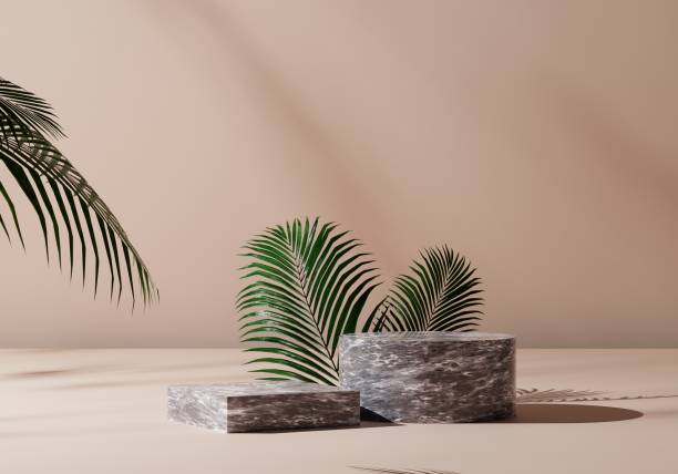 istock beige backdrop and natural leaf with white marble pedestal podium mockup, empty platform for product showcase and presentation, 3D Rendering 1430680094
