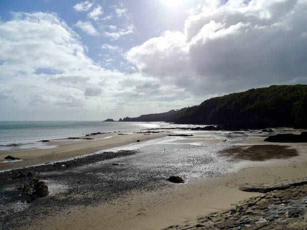 Saunderfoot beach looking towards Monkstone Point, Pembrokeshire, Wales