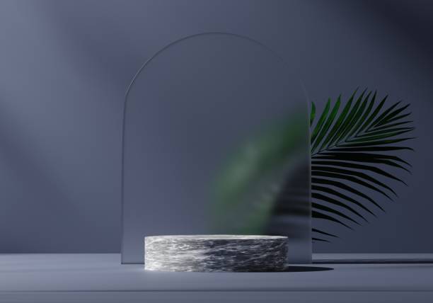istock natural leaf and dark backdrop with white marble podium mockup or pedestal, empty platform for product showcase and presentation, 3D rendering 1430681913