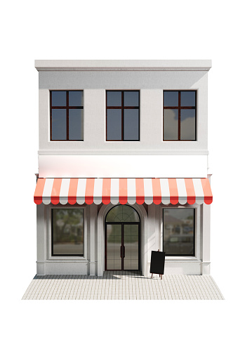 istock Shop exterior with blank Sign. Storefront building, isolated on white background with clipping path. 1430682647