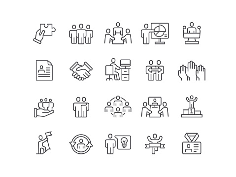 Business, teamwork, human resources, leadership, success, icon, icon set, editable stroke, outline, corporate business, place of work, office